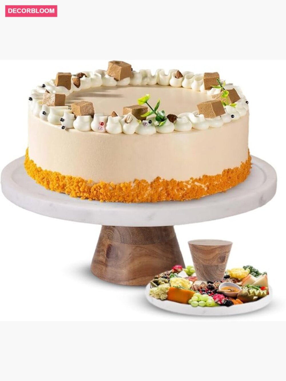11 Inch Round Acacia Wood & Marble Cake Stand Dessert Display